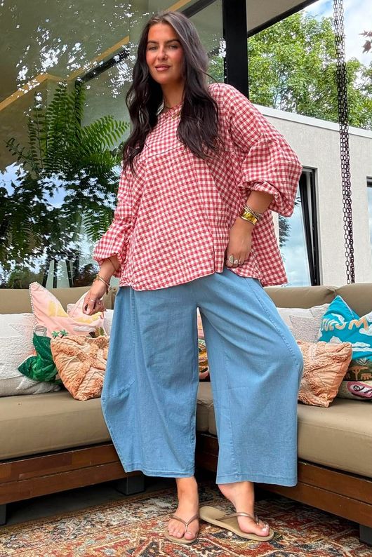 Nonni Gingham Bell Sleeve Peasant Blouse Jam
